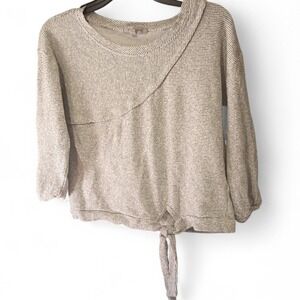 grey & gray Knit Striped Pullover Sweater Women S/P Waist Tie Cotton 3/4 Sleeve